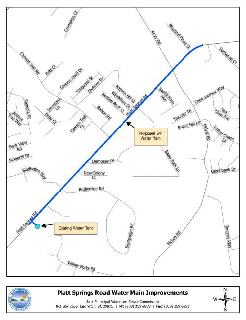 Map displaying the proposed 24" water main along Platt Springs Road.