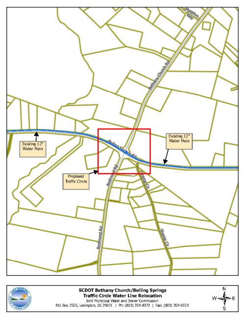 Map showing a proposed traffic circle and the relocation of a 12" water main at the intersection of Bethany Church Rd and Boiling Springs Rd in Lexington, SC.