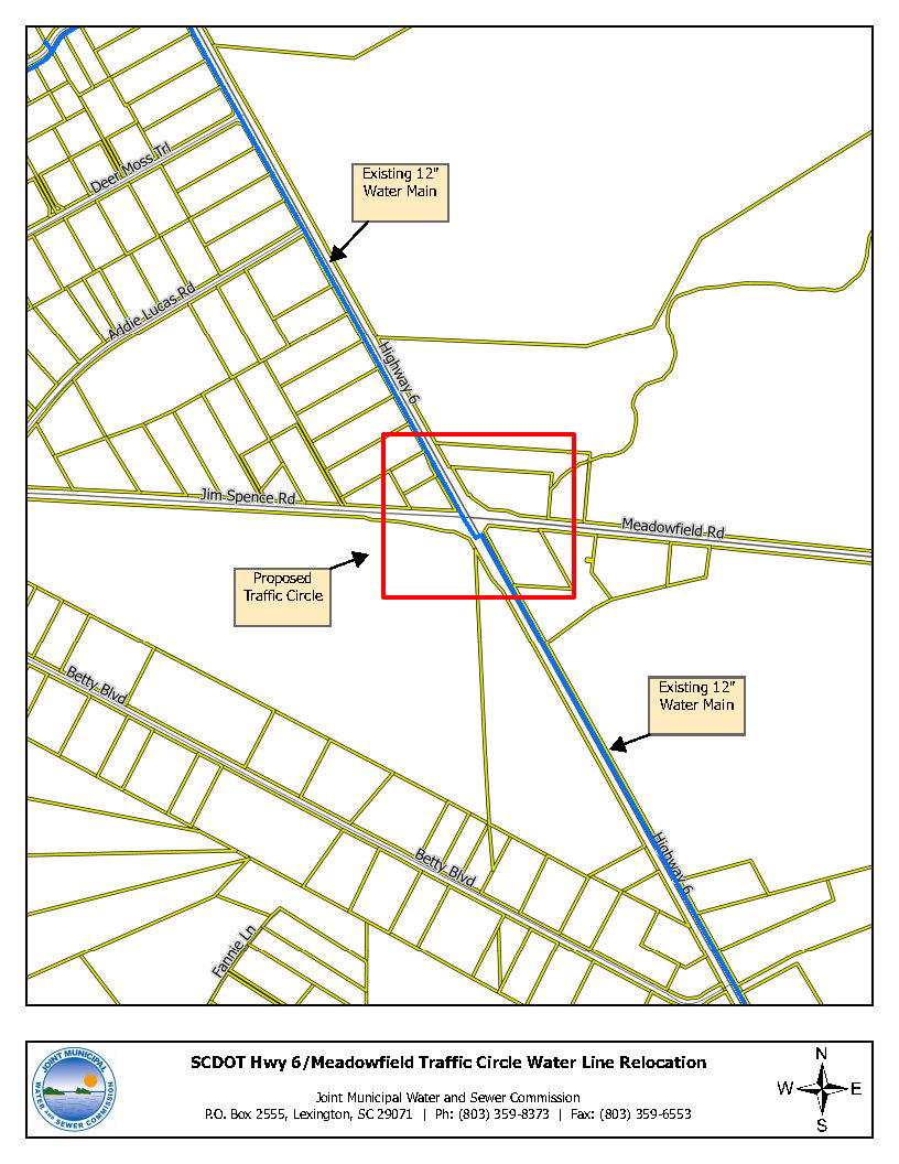 Map showing a proposed traffic circle and the relocation of a 12" water main at the intersection of Highway 6 and Meadowfield Rd in Lexington, SC.