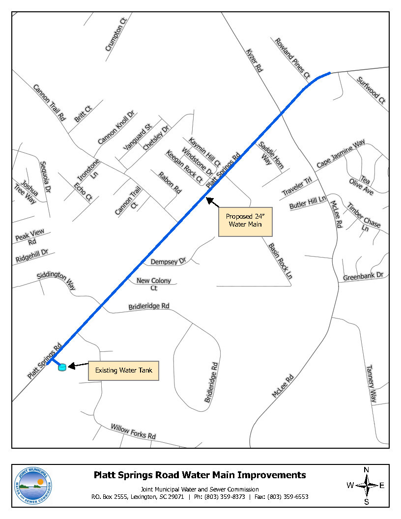 Map displaying the proposed 24" water main along Platt Springs Road.
