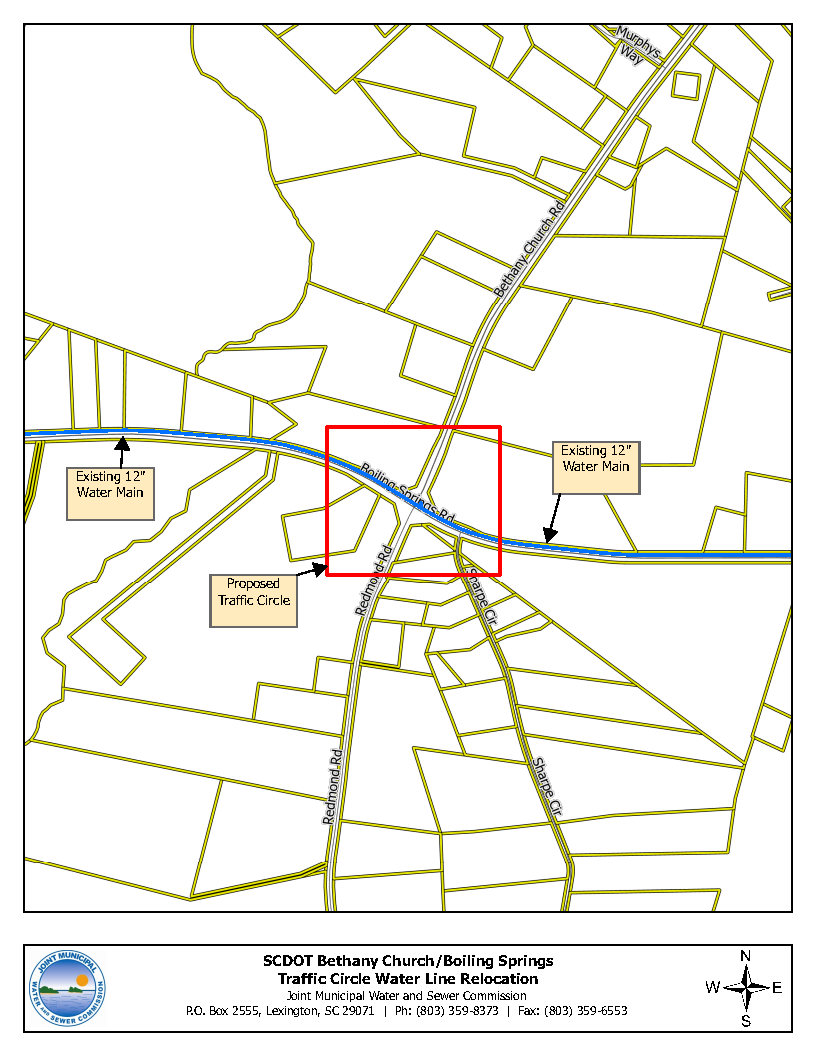 Map showing a proposed traffic circle and the relocation of a 12" water main at the intersection of Bethany Church Rd and Boiling Springs Rd in Lexington, SC.